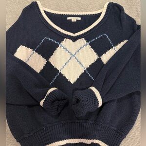 American Eagle Outfitters Navy and White V-Neck Sweater